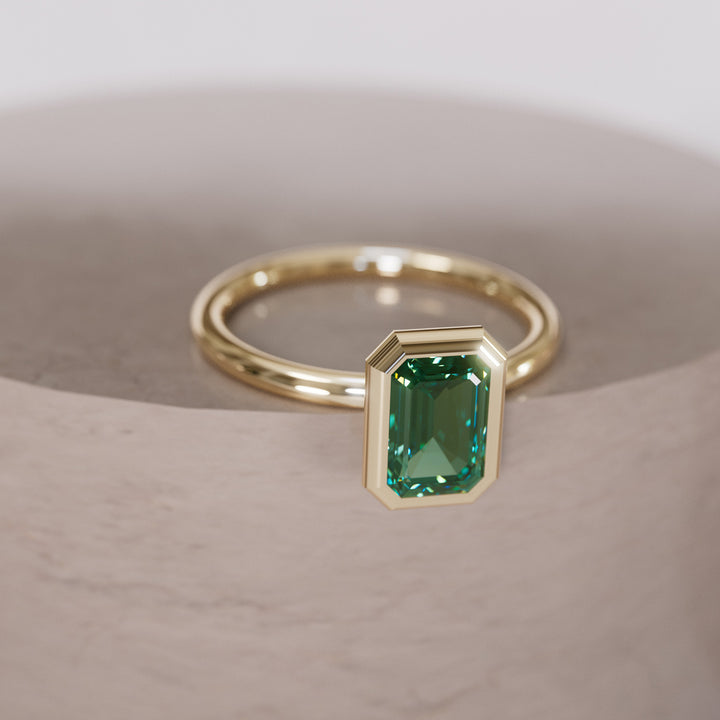 Unique Emerald Cut Green Sapphire Engagement Ring Bezel Solitaire By Valley Rose