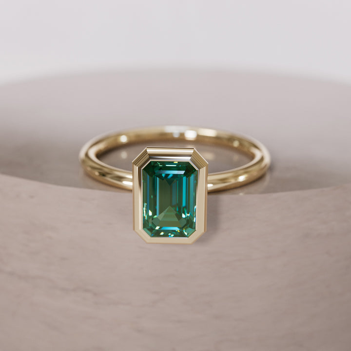 Unique Emerald Cut Green Sapphire Engagement Ring Bezel Solitaire By Valley Rose