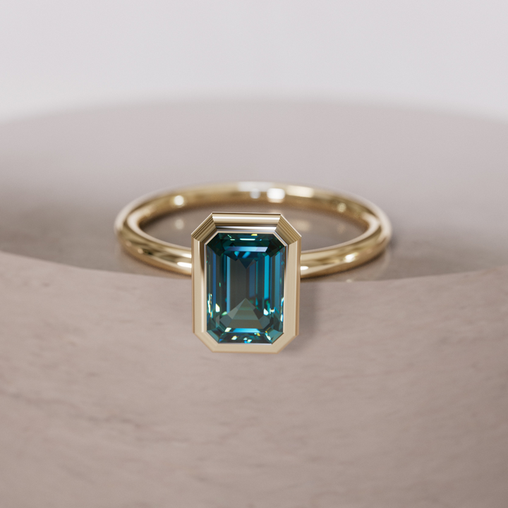 Unique Emerald Cut Teal Sapphire Engagement Ring Bezel Solitaire By Valley Rose