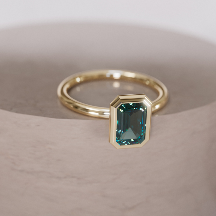 Unique Emerald Cut Teal Sapphire Engagement Ring Bezel Solitaire By Valley Rose