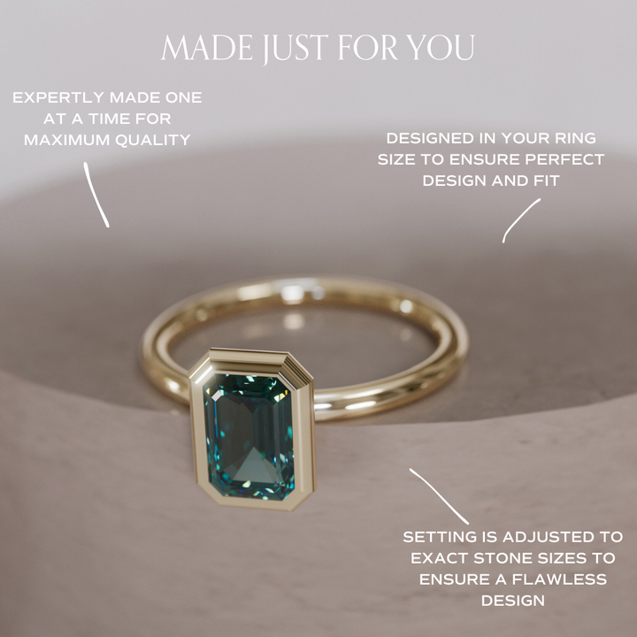 Unique Emerald Cut Teal Sapphire Engagement Ring Bezel Solitaire By Valley Rose