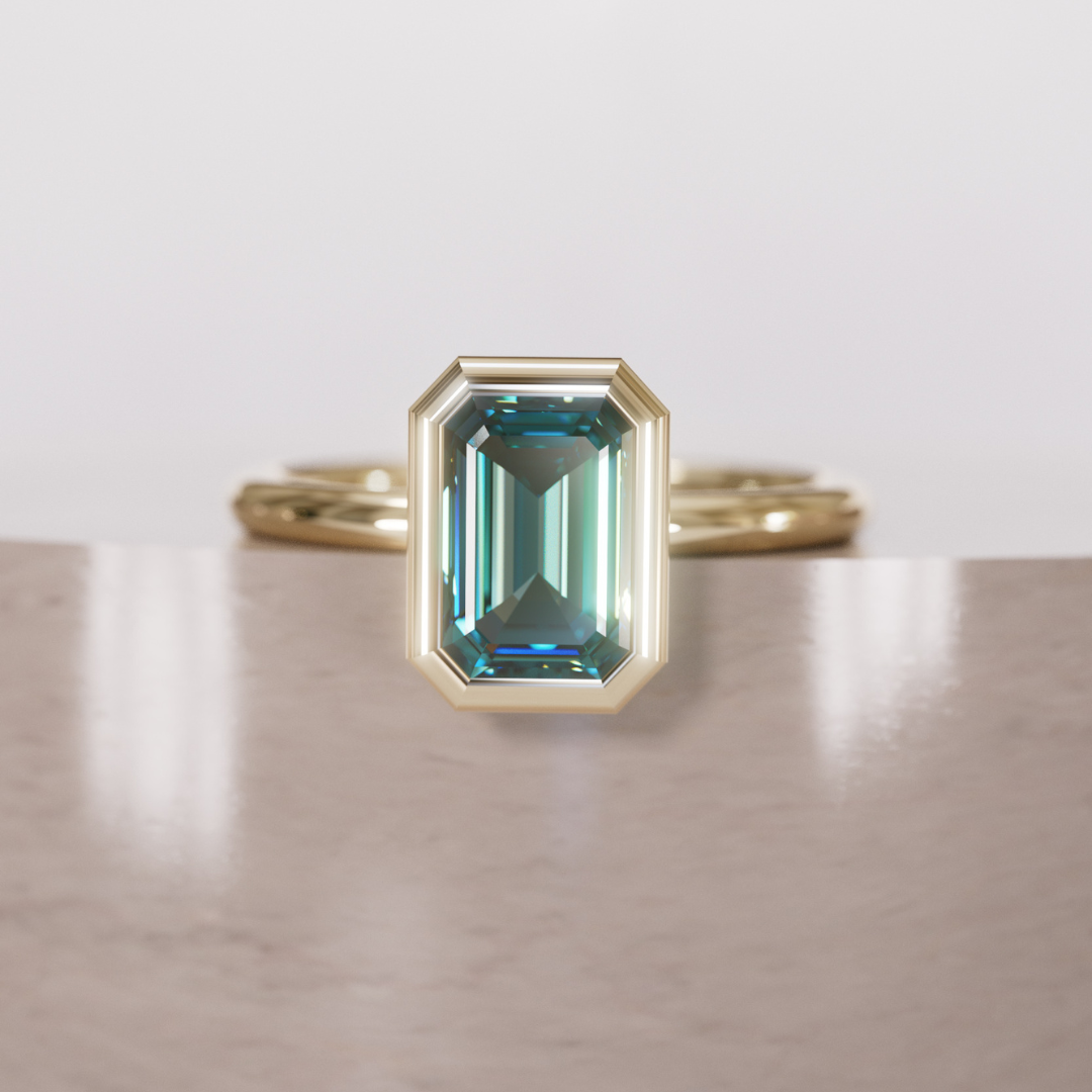 Unique Emerald Cut Teal Sapphire Engagement Ring Bezel Solitaire By Valley Rose