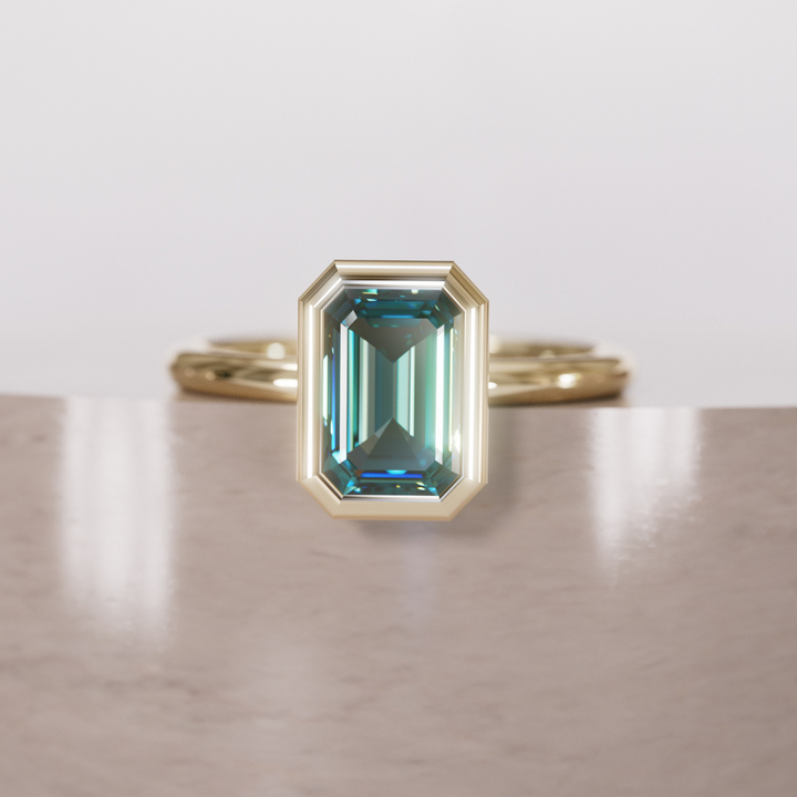 Unique Emerald Cut Teal Sapphire Engagement Ring Bezel Solitaire By Valley Rose
