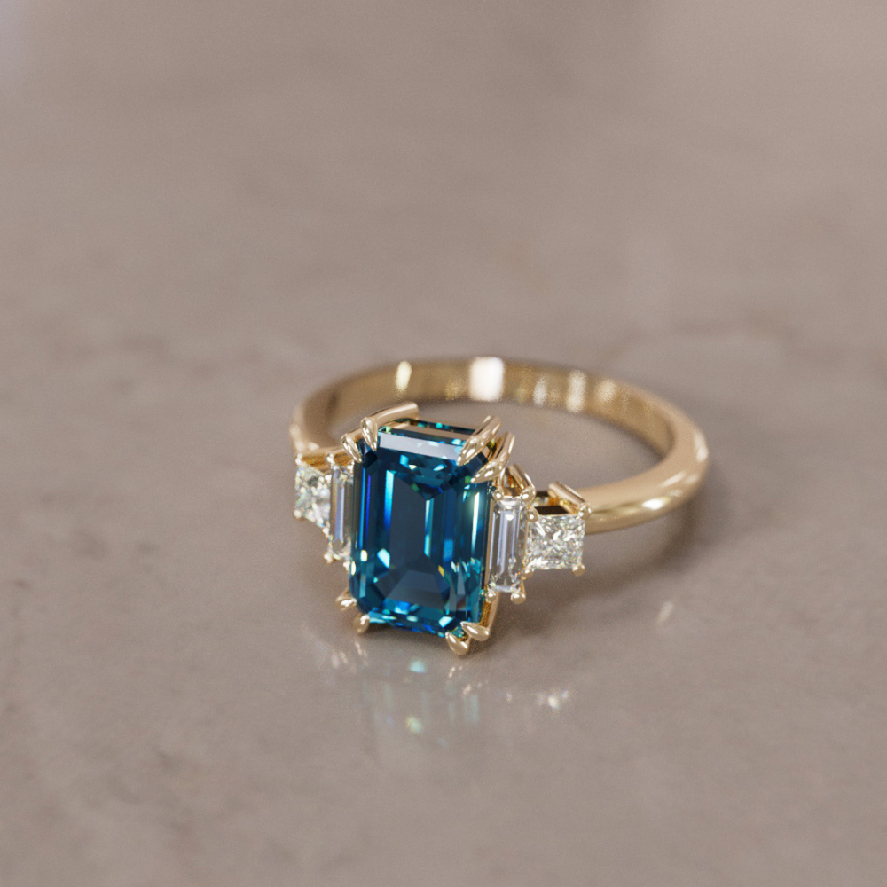 Unique Engagement Ring Five Stone Emerald Cut Blue Sapphire and Diamonds By Valley Rose
