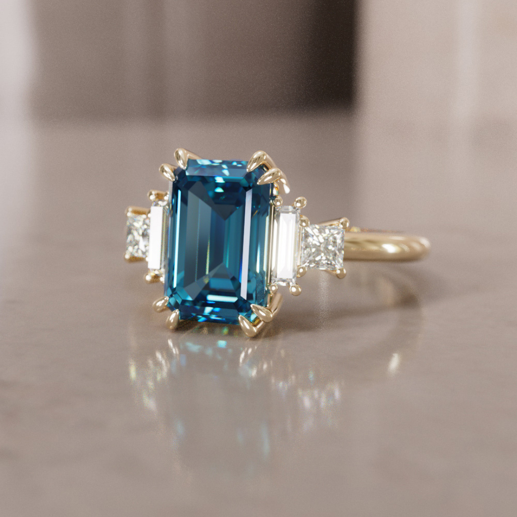 Unique Engagement Ring Five Stone Emerald Cut Blue Sapphire and Diamonds By Valley Rose