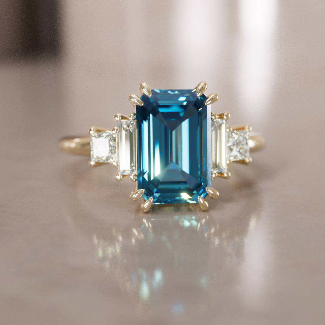 Unique Engagement Ring Five Stone Emerald Cut Blue Sapphire and Diamonds By Valley Rose