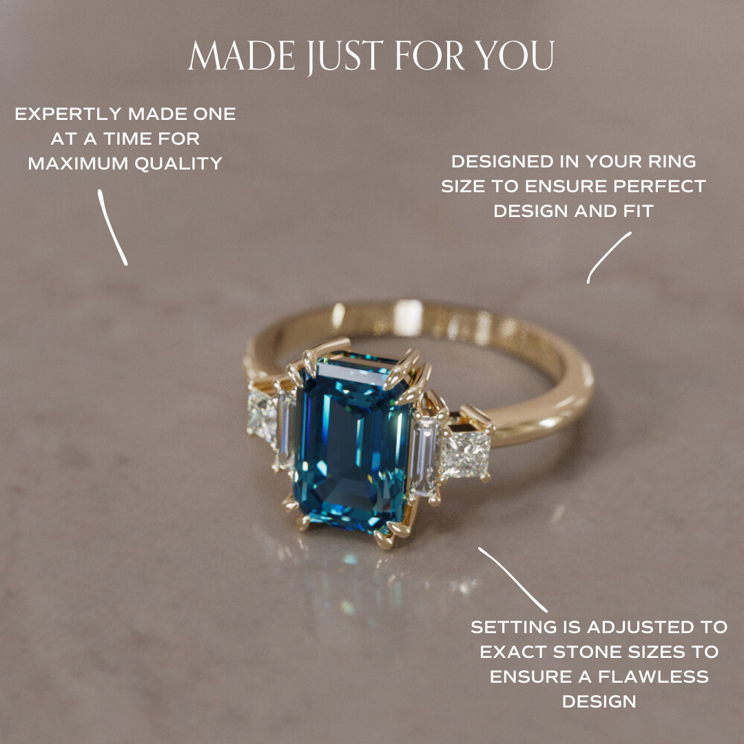 Unique Engagement Ring Five Stone Emerald Cut Blue Sapphire and Diamonds By Valley Rose