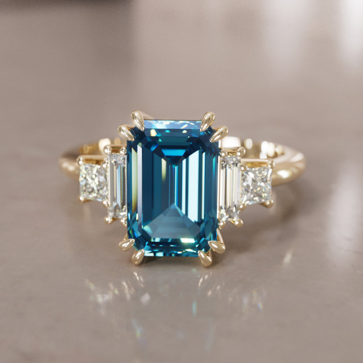 Unique Engagement Ring Five Stone Emerald Cut Blue Sapphire and Diamonds By Valley Rose