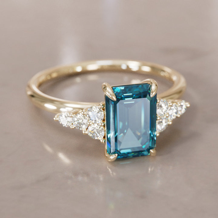 Unique Engagement Ring Five Stone Emerald Cut Blue Sapphire and Diamonds By Valley Rose