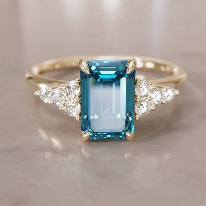 Unique Engagement Ring Five Stone Emerald Cut Blue Sapphire and Diamonds By Valley Rose
