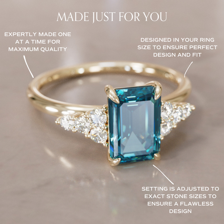 Unique Engagement Ring Five Stone Emerald Cut Blue Sapphire and Diamonds By Valley Rose