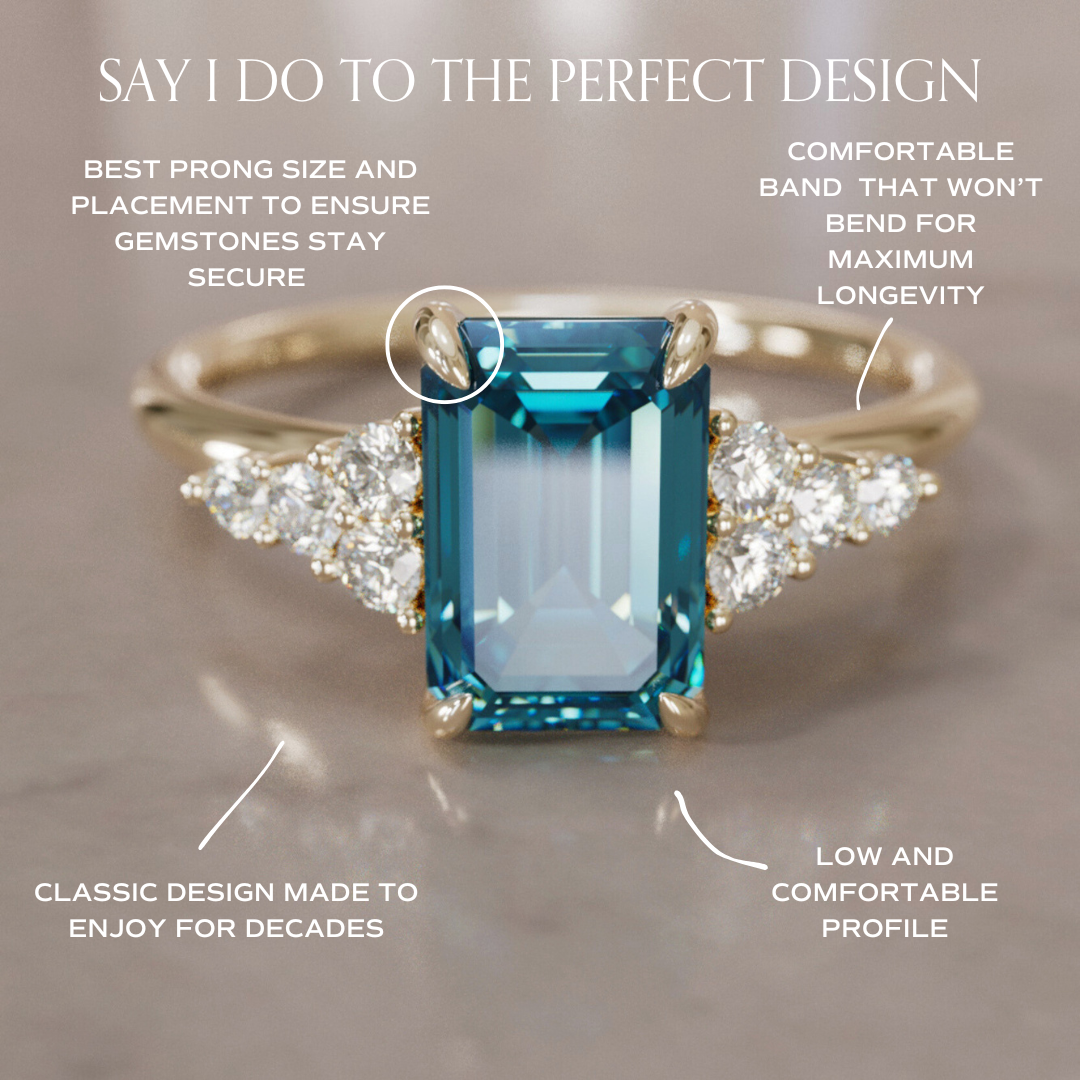 Unique Engagement Ring Five Stone Emerald Cut Blue Sapphire and Diamonds By Valley Rose