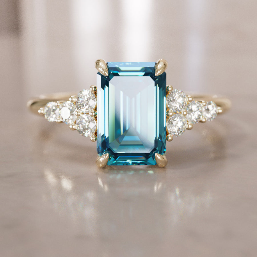 Unique Engagement Ring Five Stone Emerald Cut Blue Sapphire and Diamonds By Valley Rose
