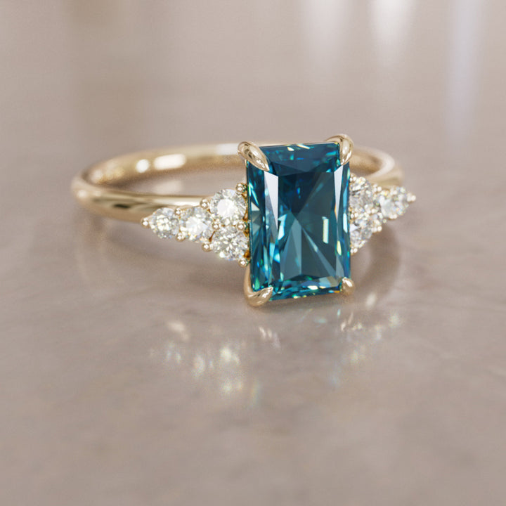 Unique Engagement Ring Five Stone Emerald Cut Blue Sapphire and Diamonds By Valley Rose