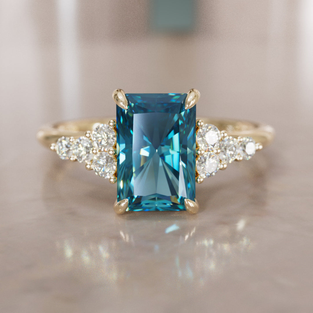 Unique Engagement Ring Five Stone Emerald Cut Blue Sapphire and Diamonds By Valley Rose