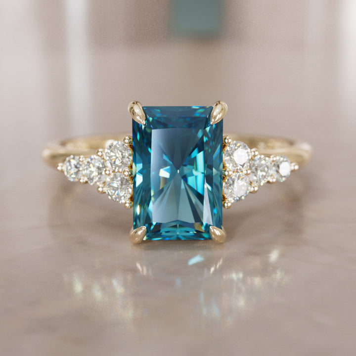 Unique Engagement Ring Five Stone Emerald Cut Blue Sapphire and Diamonds By Valley Rose