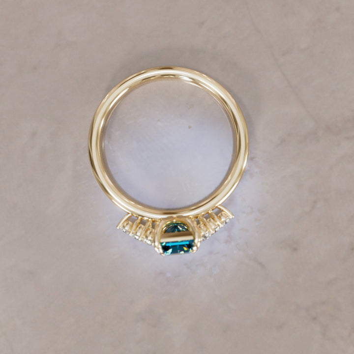 Unique Engagement Ring Five Stone Emerald Cut Blue Sapphire and Diamonds By Valley Rose