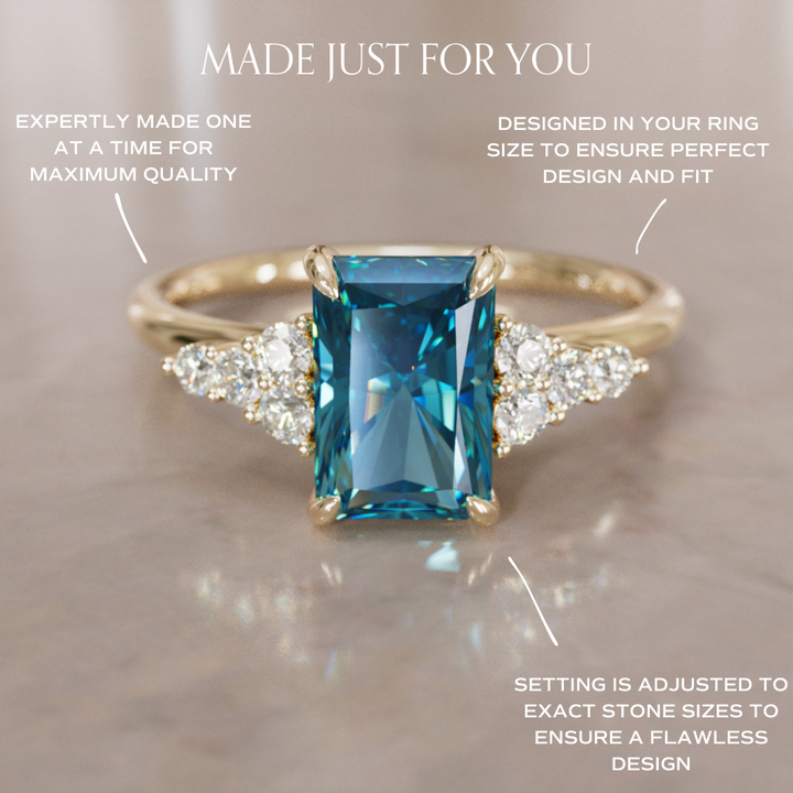 Unique Engagement Ring Five Stone Emerald Cut Blue Sapphire and Diamonds By Valley Rose