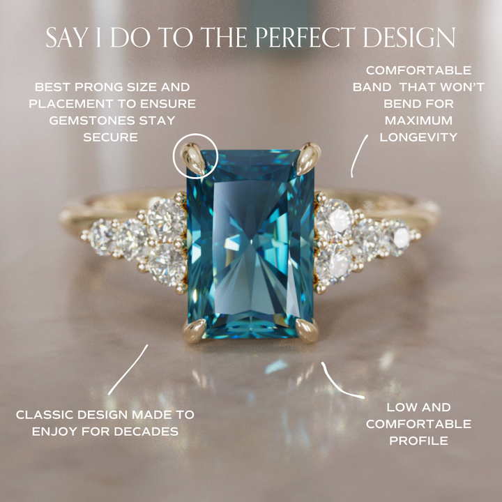 Unique Engagement Ring Five Stone Emerald Cut Blue Sapphire and Diamonds By Valley Rose