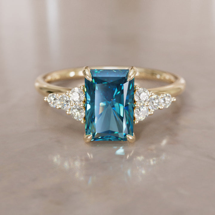 Unique Engagement Ring Five Stone Emerald Cut Blue Sapphire and Diamonds By Valley Rose