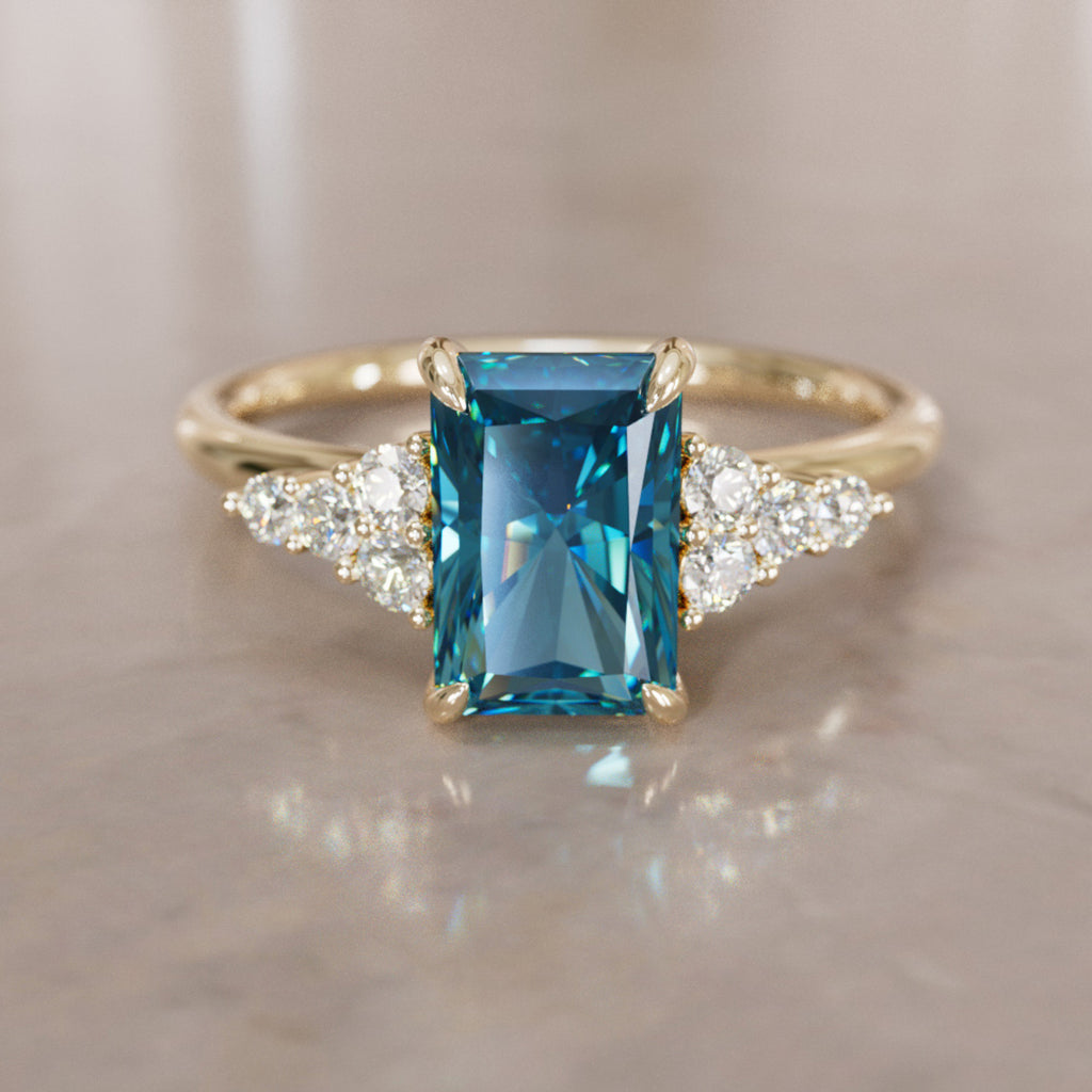 Unique Engagement Ring Five Stone Emerald Cut Blue Sapphire and Diamonds By Valley Rose