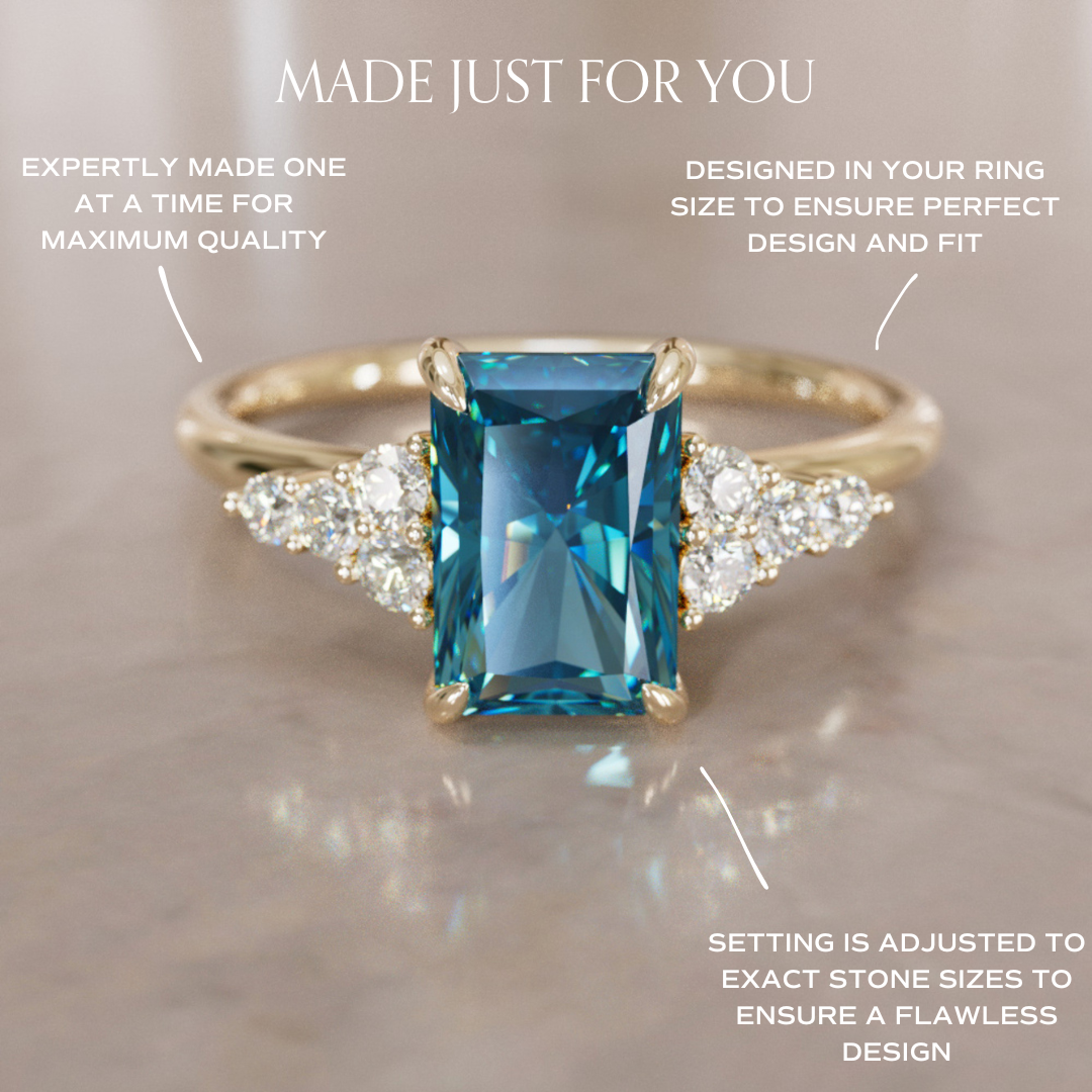 Unique Engagement Ring Five Stone Emerald Cut Blue Sapphire and Diamonds By Valley Rose