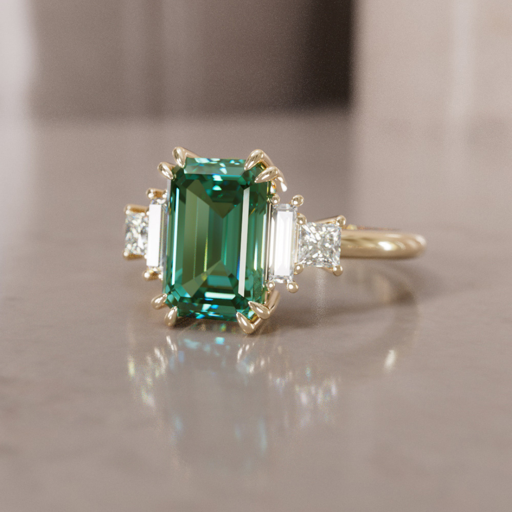 Unique Engagement Ring Five Stone Emerald Cut Green Sapphire and Diamonds By Valley Rose