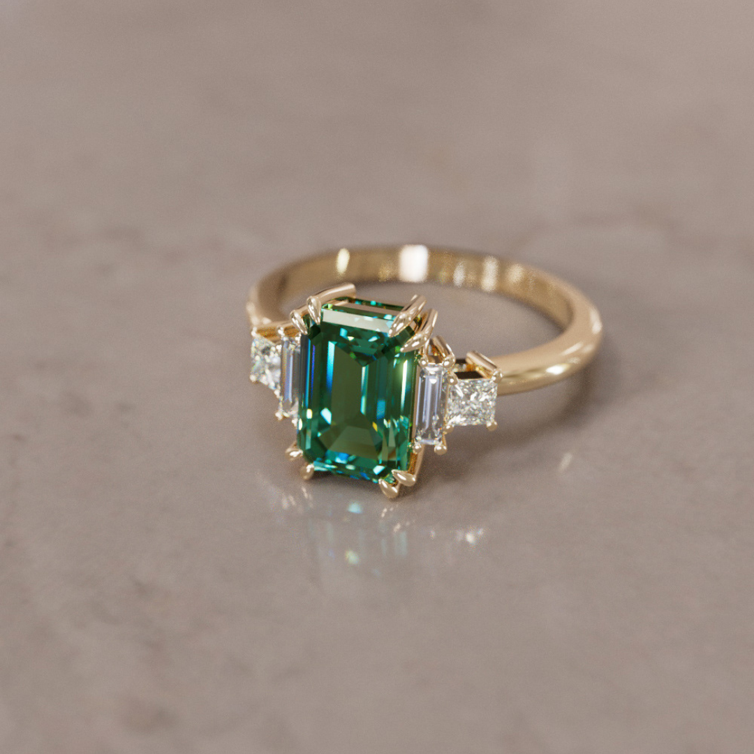 Unique Engagement Ring Five Stone Emerald Cut Green Sapphire and Diamonds By Valley Rose