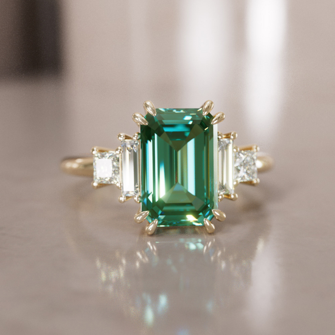 Unique Engagement Ring Five Stone Emerald Cut Green Sapphire and Diamonds By Valley Rose