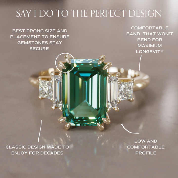 Unique Engagement Ring Five Stone Emerald Cut Green Sapphire and Diamonds By Valley Rose