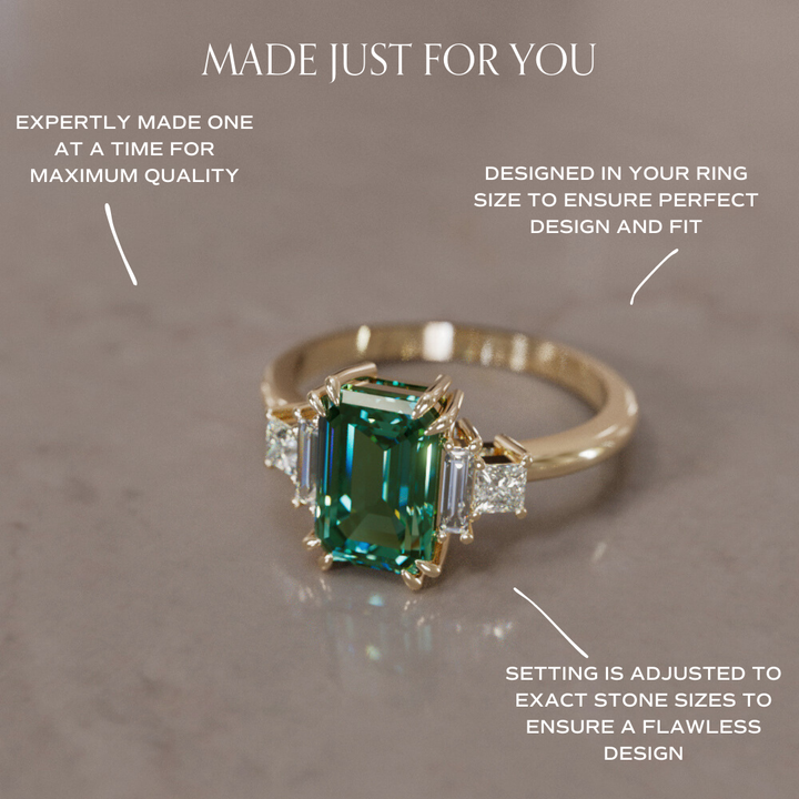 Unique Engagement Ring Five Stone Emerald Cut Green Sapphire and Diamonds By Valley Rose