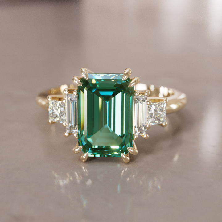 Unique Engagement Ring Five Stone Emerald Cut Green Sapphire and Diamonds By Valley Rose