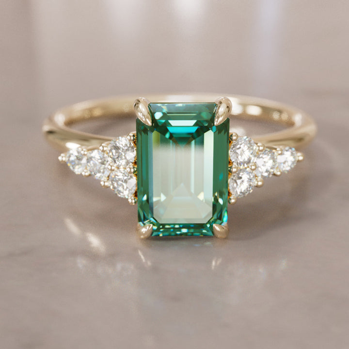 Unique Engagement Ring Five Stone Emerald Cut Green Sapphire and Diamonds By Valley Rose