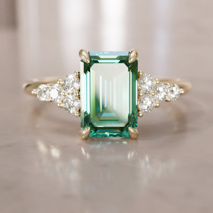 Unique Engagement Ring Five Stone Emerald Cut Green Sapphire and Diamonds By Valley Rose