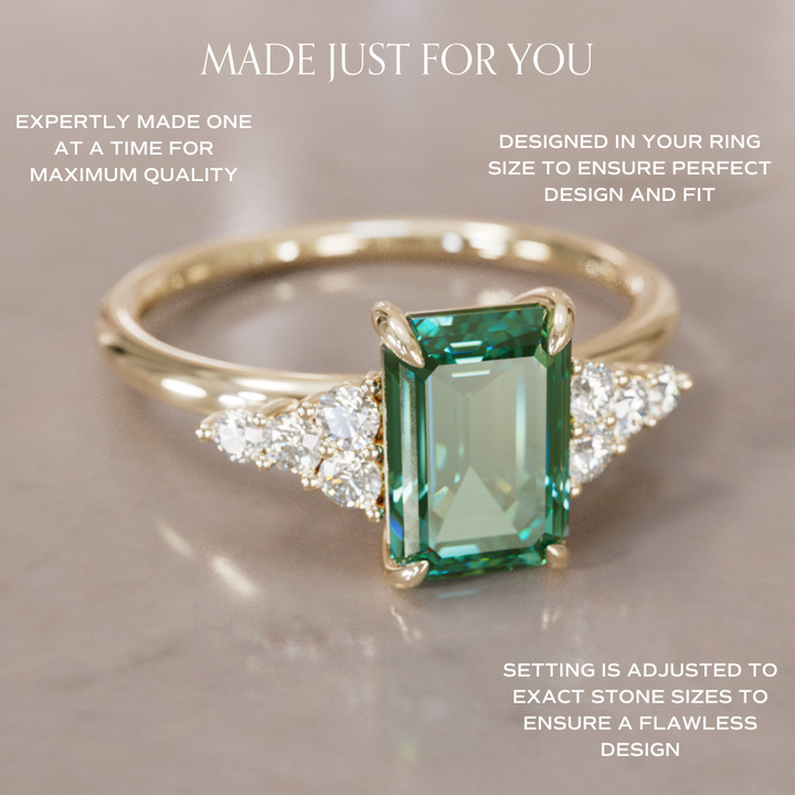 Unique Engagement Ring Five Stone Emerald Cut Green Sapphire and Diamonds By Valley Rose