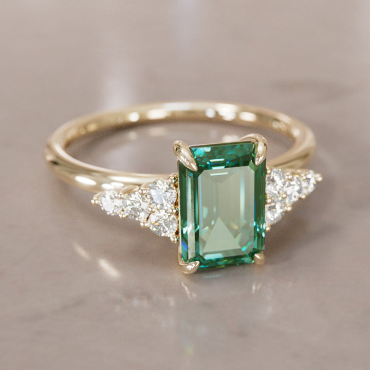 Unique Engagement Ring Five Stone Emerald Cut Green Sapphire and Diamonds By Valley Rose