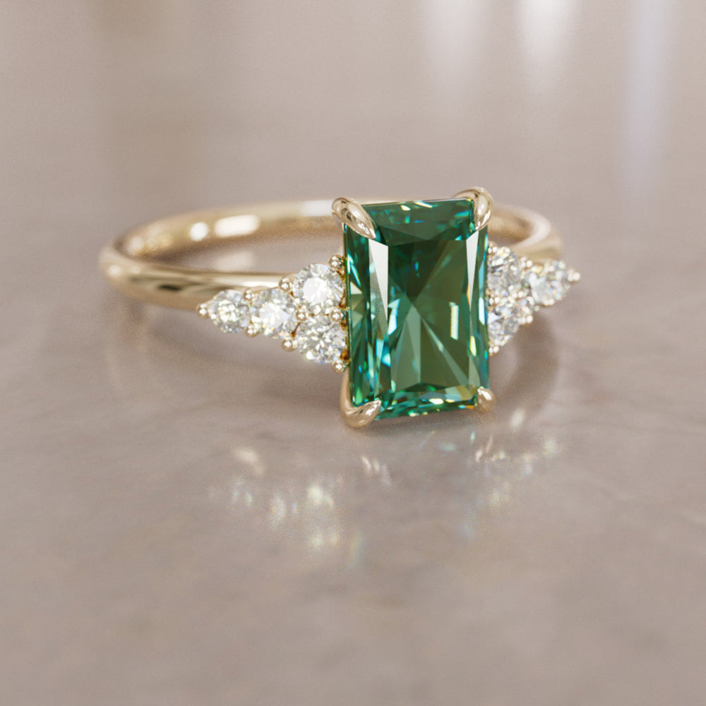 Unique Engagement Ring Five Stone Emerald Cut Green Sapphire and Diamonds By Valley Rose