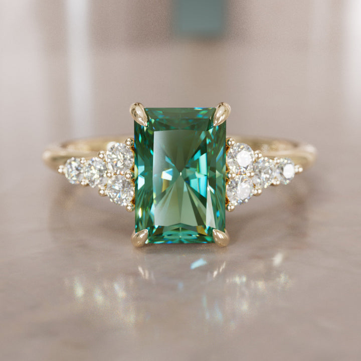 Unique Engagement Ring Five Stone Emerald Cut Green Sapphire and Diamonds By Valley Rose