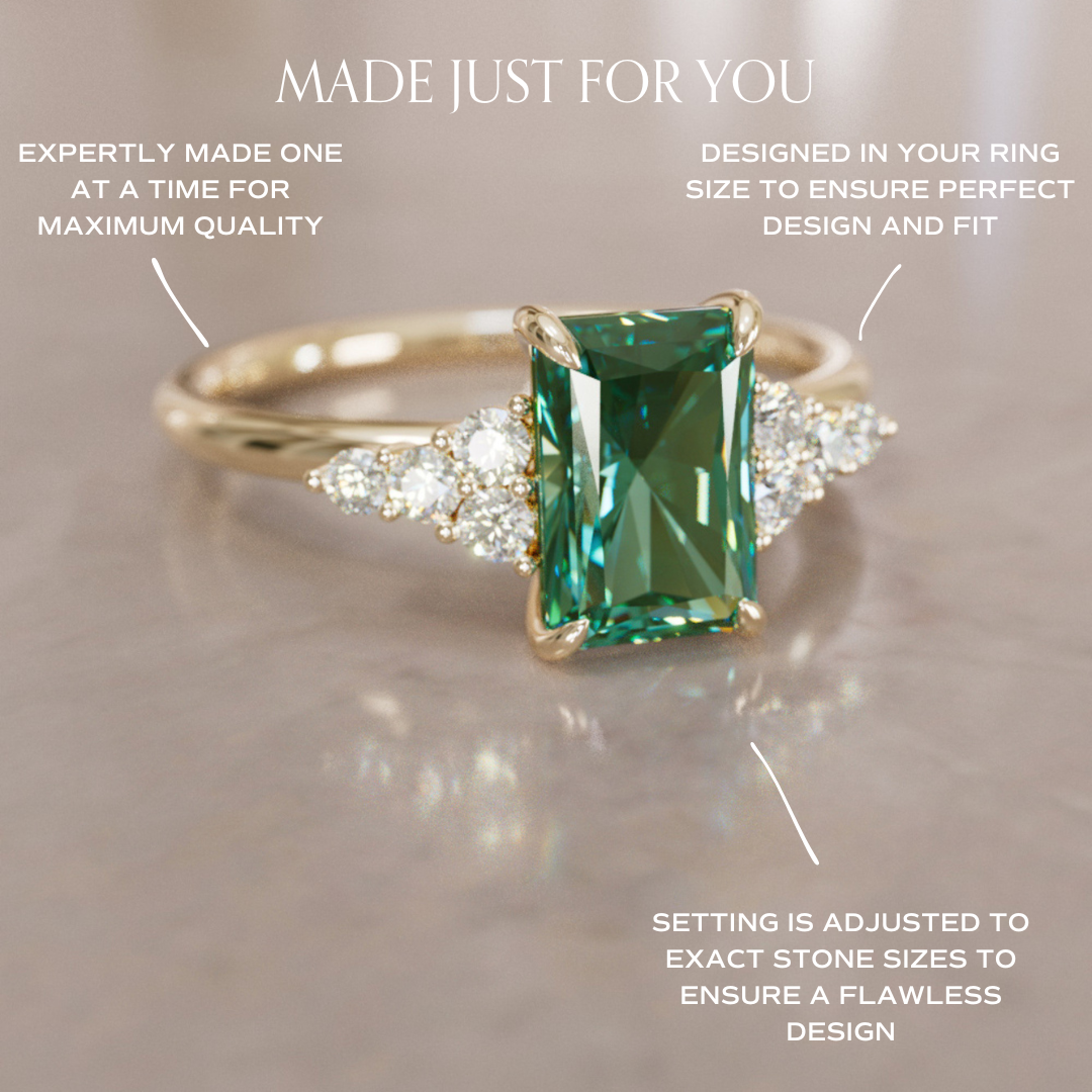 Unique Engagement Ring Five Stone Emerald Cut Green Sapphire and Diamonds By Valley Rose