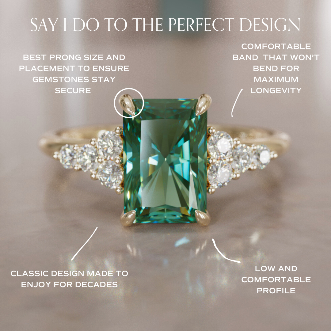 Unique Engagement Ring Five Stone Emerald Cut Green Sapphire and Diamonds By Valley Rose