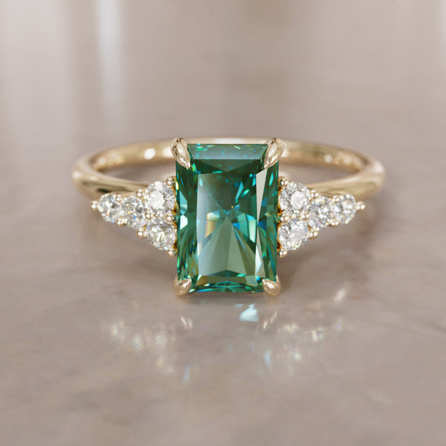 Unique Engagement Ring Five Stone Emerald Cut Green Sapphire and Diamonds By Valley Rose