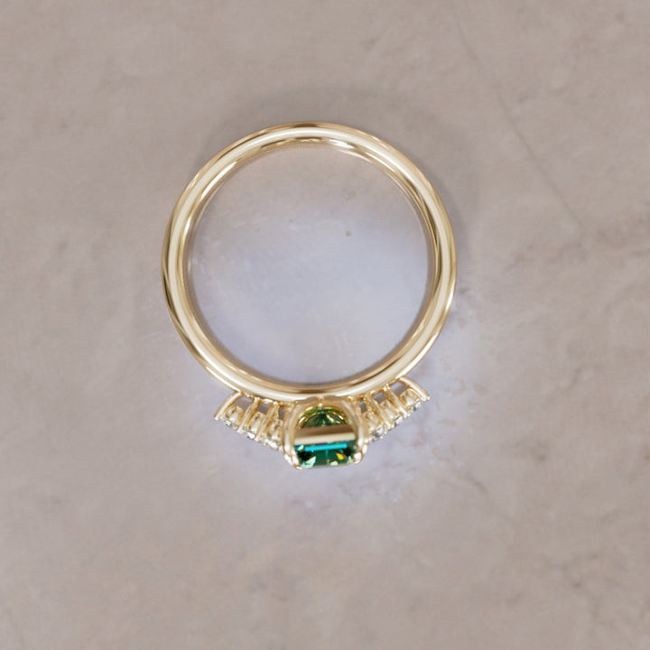 Unique Engagement Ring Five Stone Emerald Cut Green Sapphire and Diamonds By Valley Rose