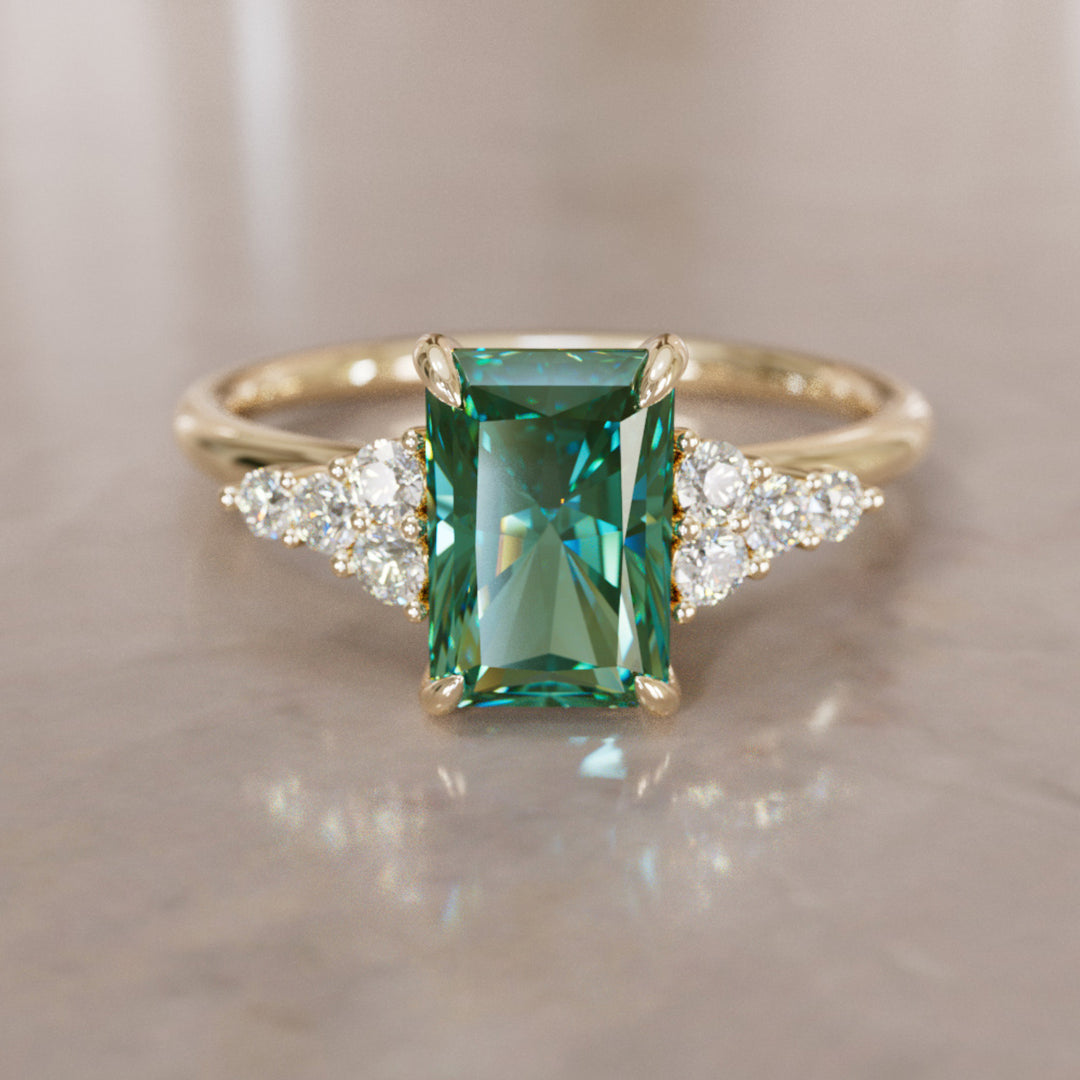 Unique Engagement Ring Five Stone Emerald Cut Green Sapphire and Diamonds By Valley Rose