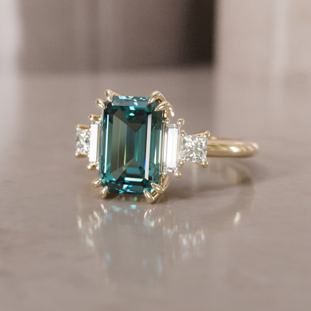 Unique Engagement Ring Five Stone Emerald Cut Teal Sapphire and Diamonds By Valley Rose