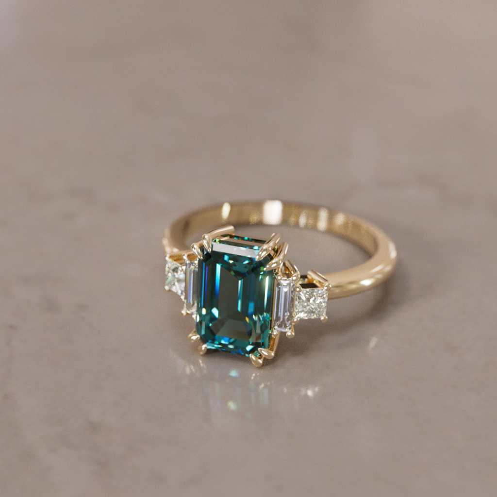 Unique Engagement Ring Five Stone Emerald Cut Teal Sapphire and Diamonds By Valley Rose