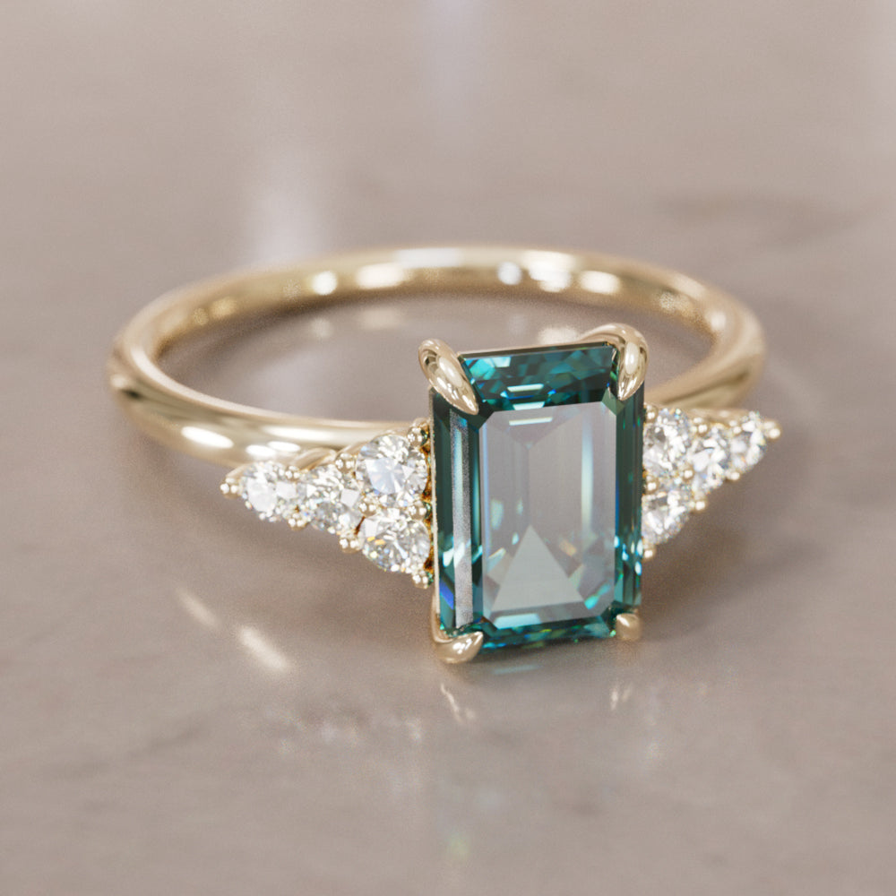 Unique Engagement Ring Five Stone Emerald Cut Teal Sapphire and Diamonds By Valley Rose