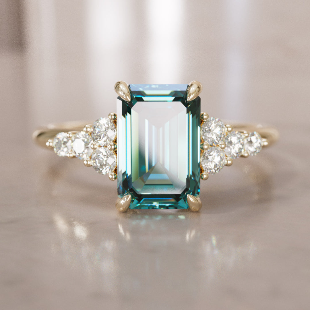 Unique Engagement Ring Five Stone Emerald Cut Teal Sapphire and Diamonds By Valley Rose