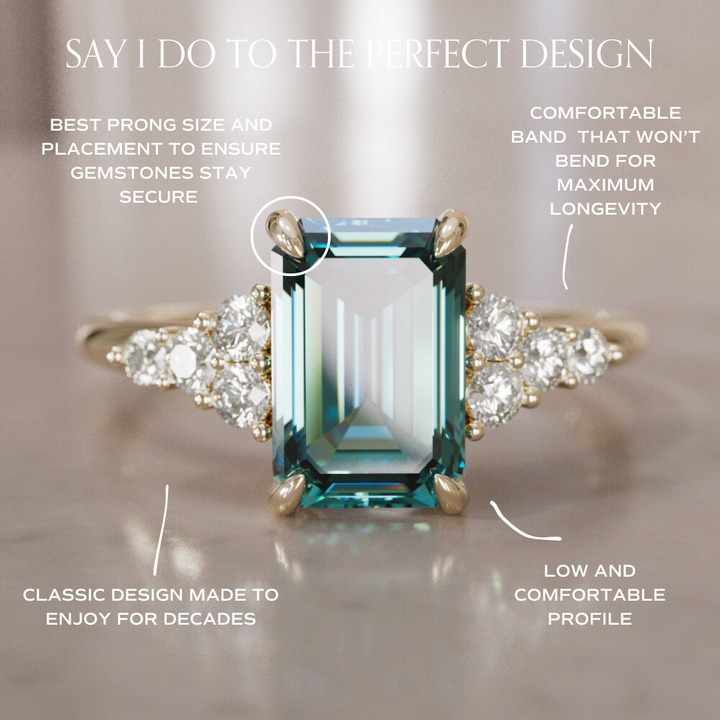 Unique Engagement Ring Five Stone Emerald Cut Teal Sapphire and Diamonds By Valley Rose