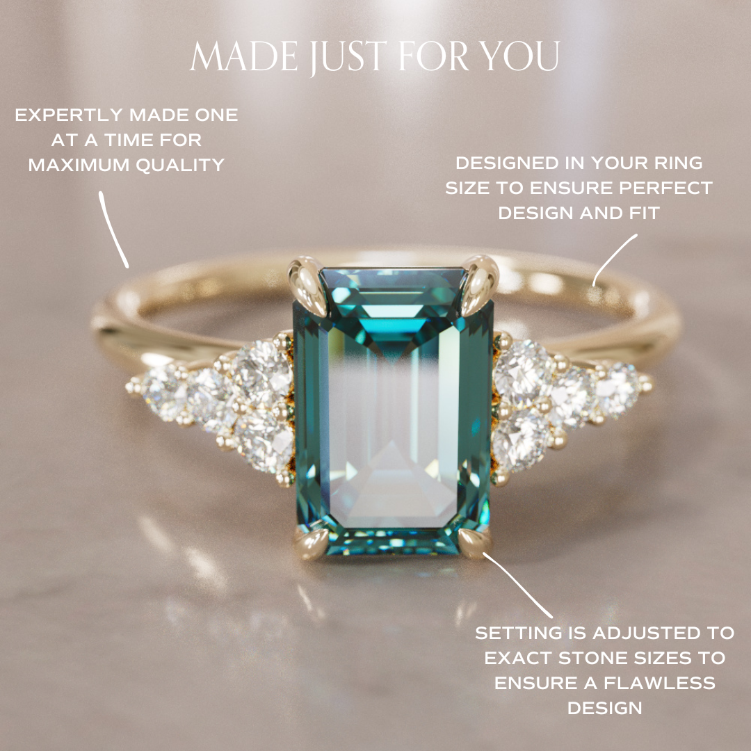 Unique Engagement Ring Five Stone Emerald Cut Teal Sapphire and Diamonds By Valley Rose