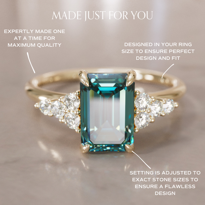 Unique Engagement Ring Five Stone Emerald Cut Teal Sapphire and Diamonds By Valley Rose